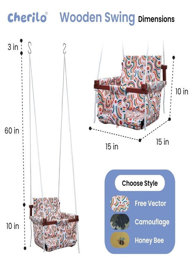 Cherilo أرجوحة شيريلو الخشبية للأطفال من 6 أشهر إلى 5 سنوات | أرجوحة معلقة داخلية وخارجية للأطفال | أرجوحة مريحة وآمنة مع وسادتين وحزام أمان | أرجوحة بإطار خشبي متين للأطفال - تصميم متجه مجاني - Image 5